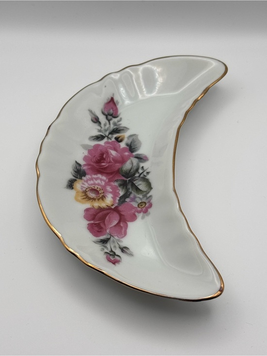 Other - Vintage Crescent Moon Shaped Porcelain Jewelry Dish Floral Design & Gold Rim